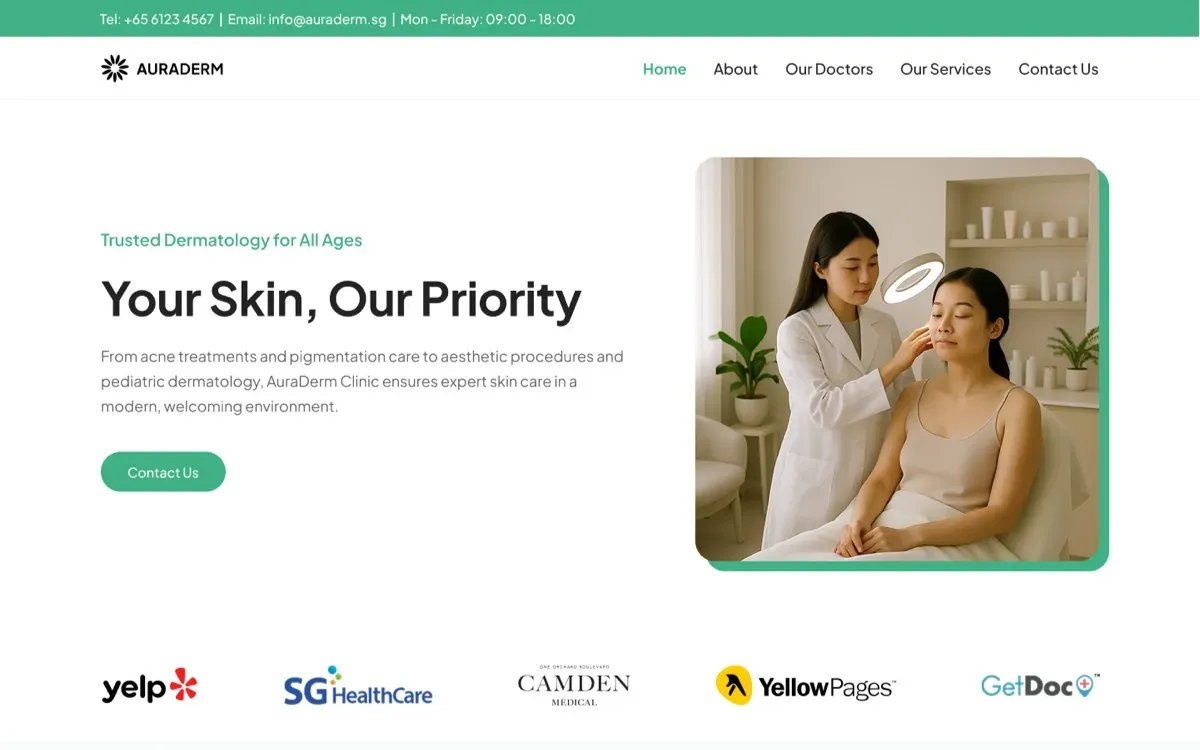 The AuraDerm Clinic website, built by Ditrapoint, shown on a laptop and a phone