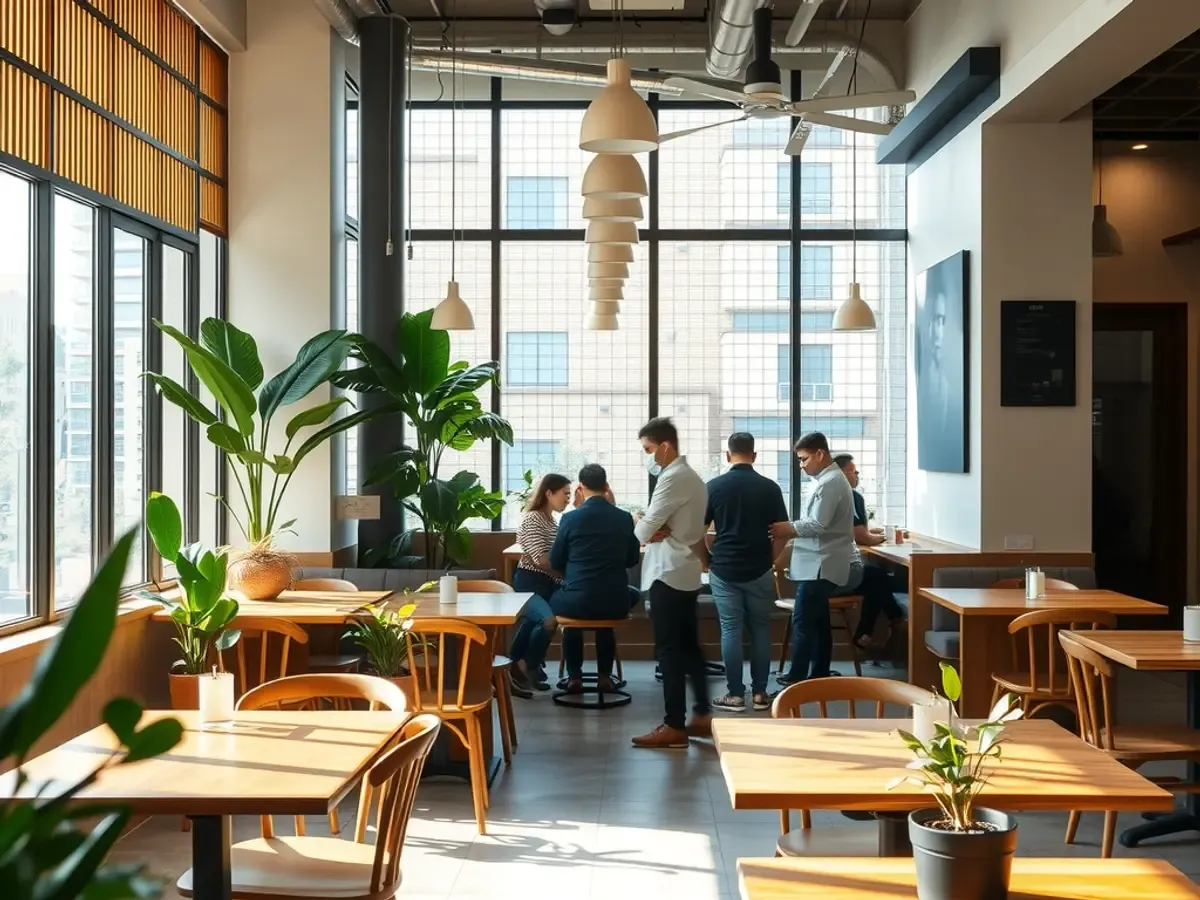 The interior of a small café with wooden tables and a coffee counter
