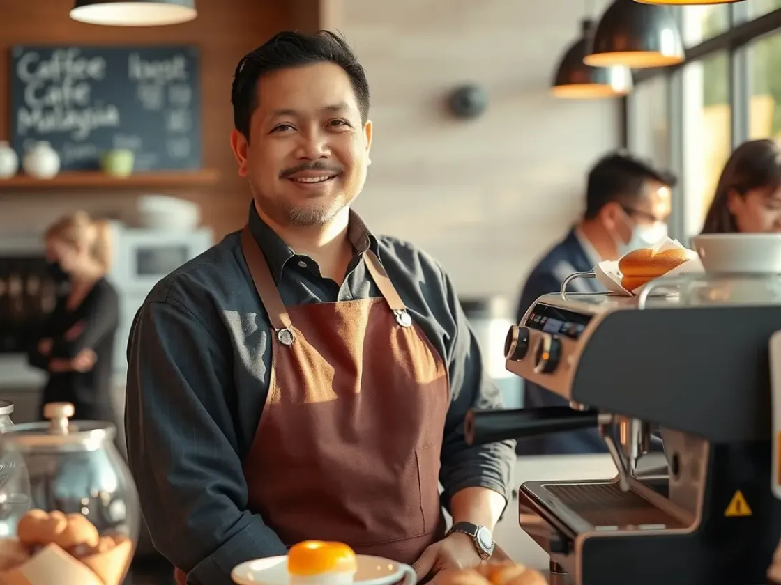 A café owner standing behind the counter of a small coffee shop