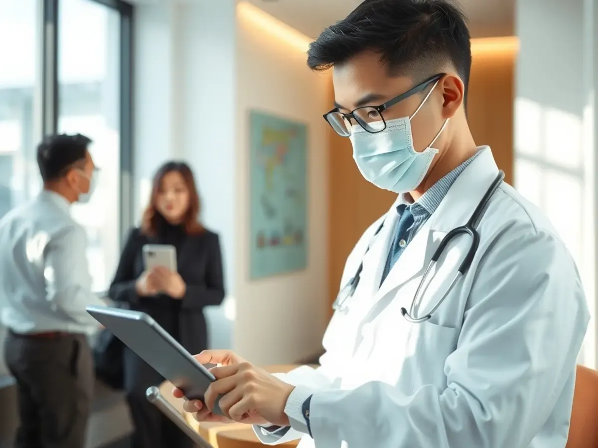 A clinic reception desk with a receptionist and a waiting area in the background