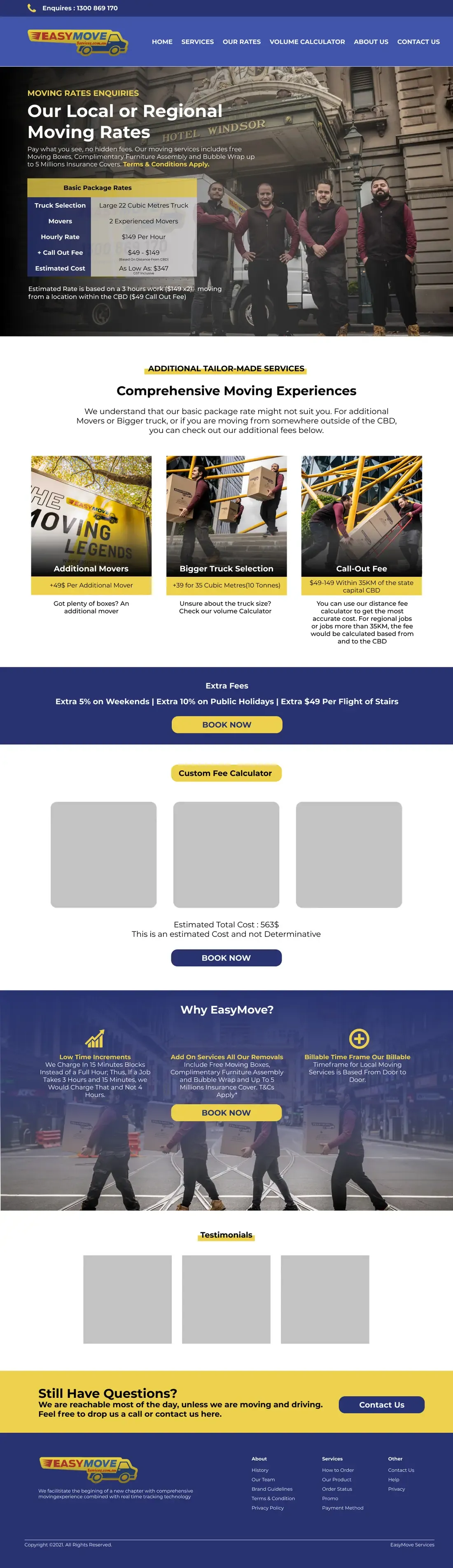 The EasyMove home page, top to bottom