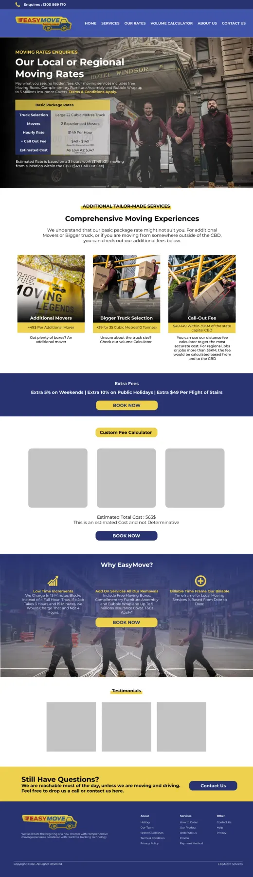 A website built by Ditrapoint for a moving services, full page
