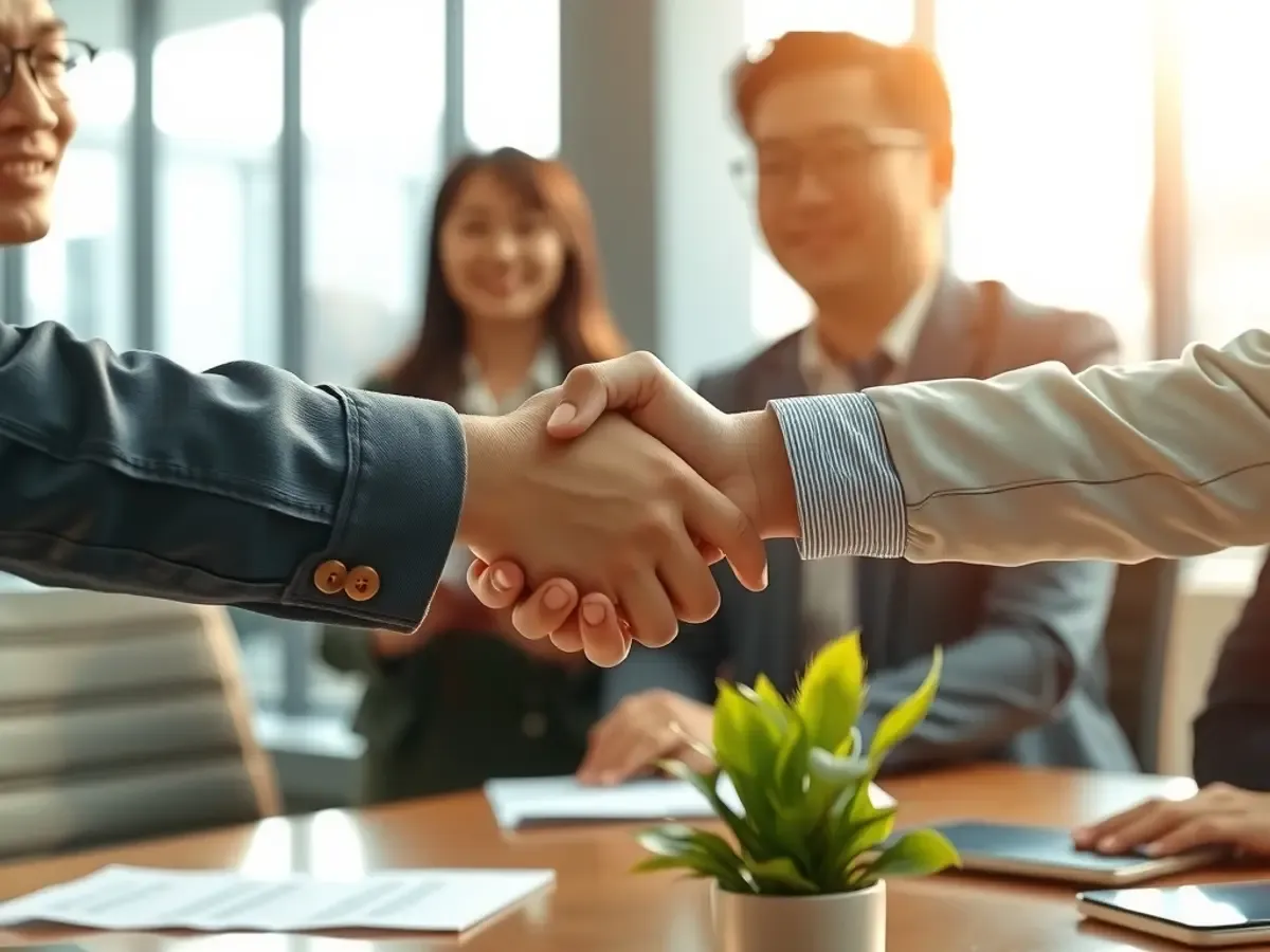 Two people shaking hands across a table