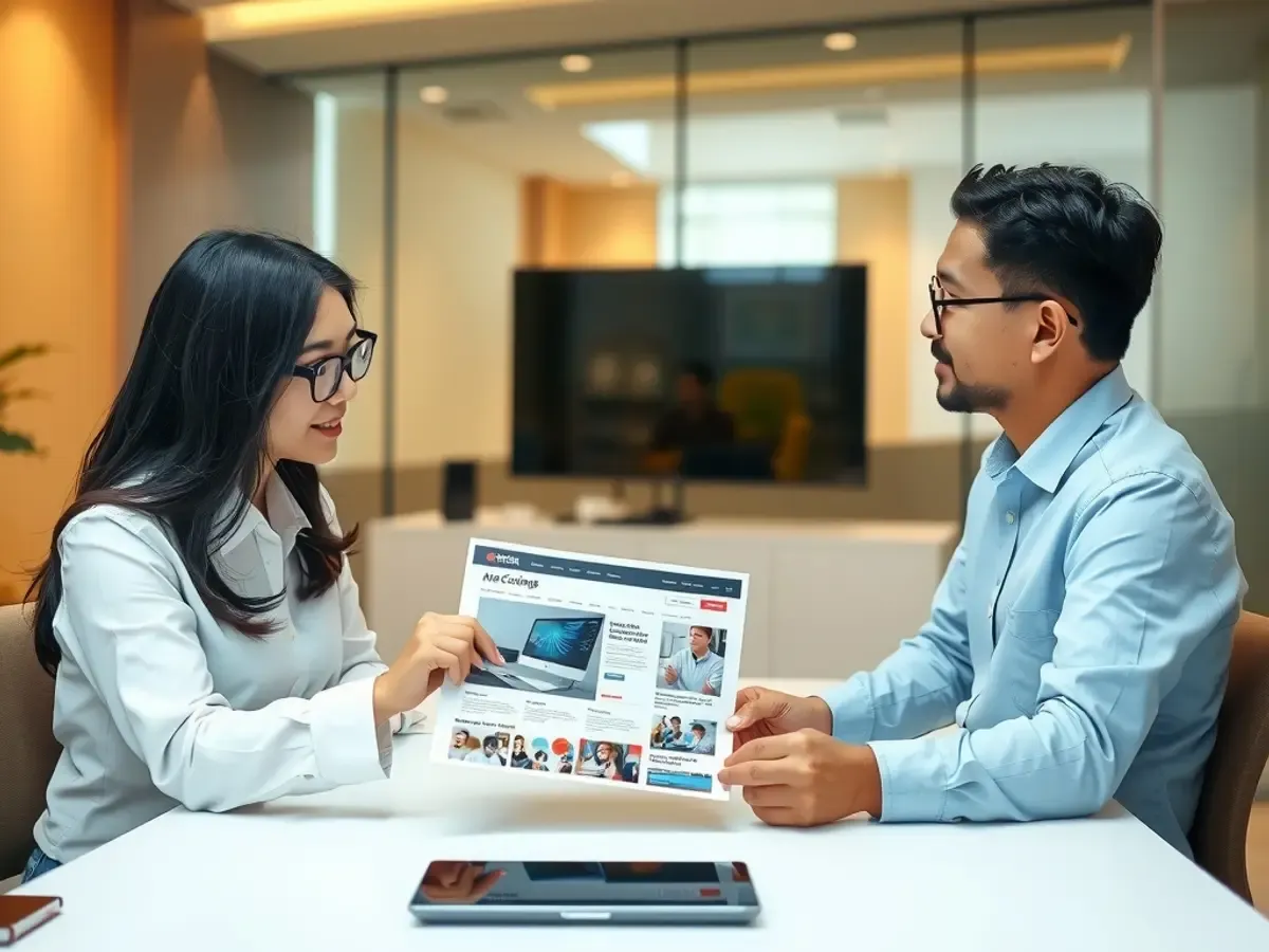 Two people reviewing a website proposal together at a meeting table