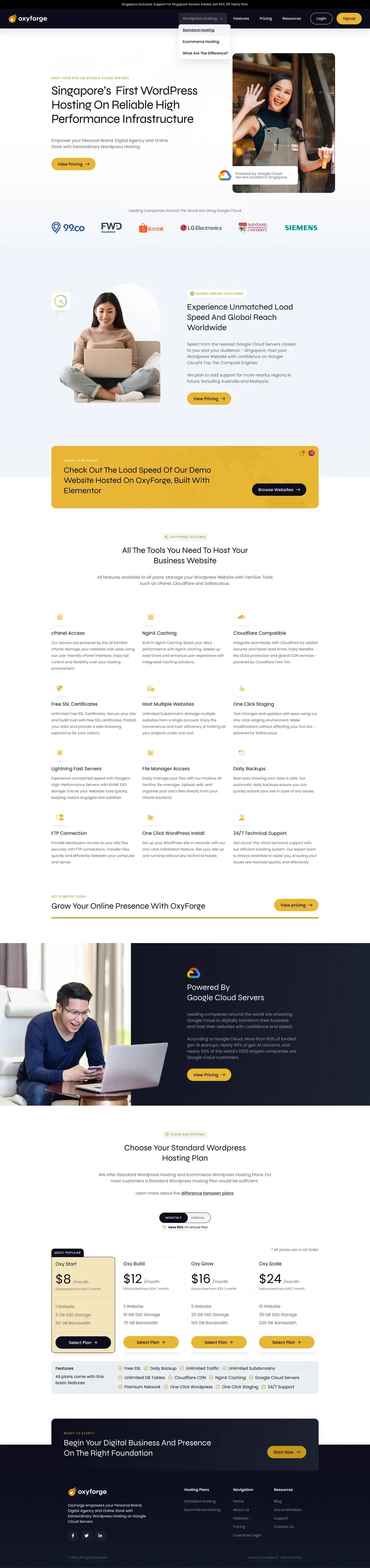 The Oxyforge home page, top to bottom