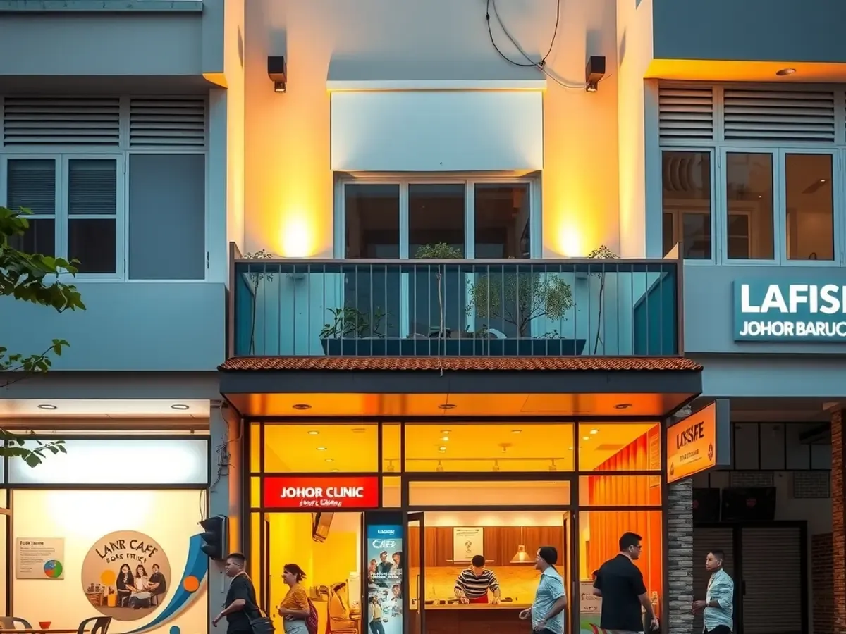 A shop front lit up in the evening on a Johor Bahru street