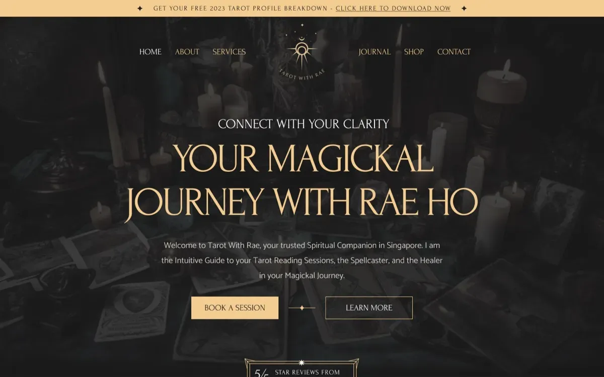 The Tarot With Rae (Dark) website, built by Ditrapoint, shown on a laptop and a phone