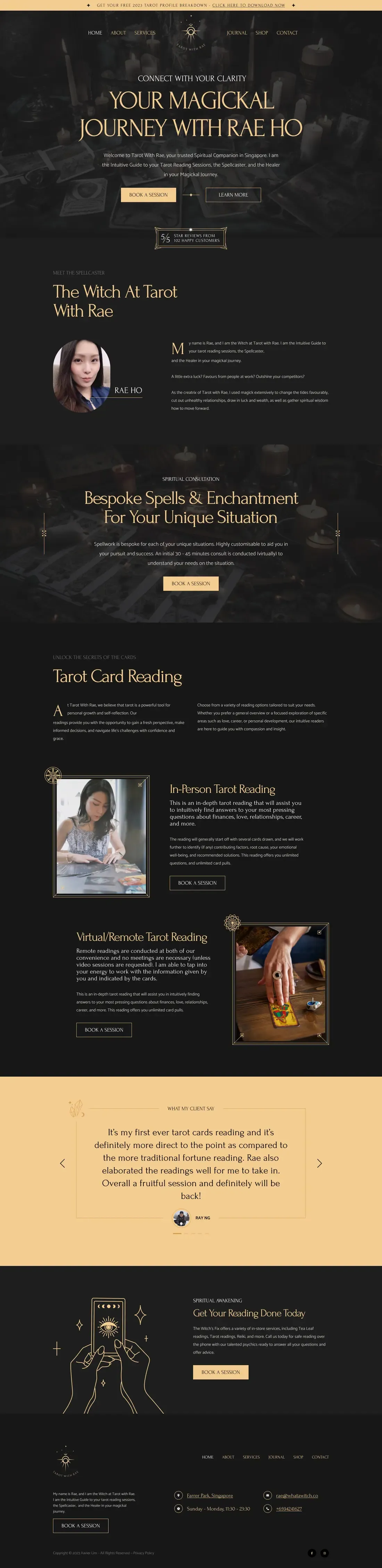The Tarot With Rae (Dark) home page, top to bottom